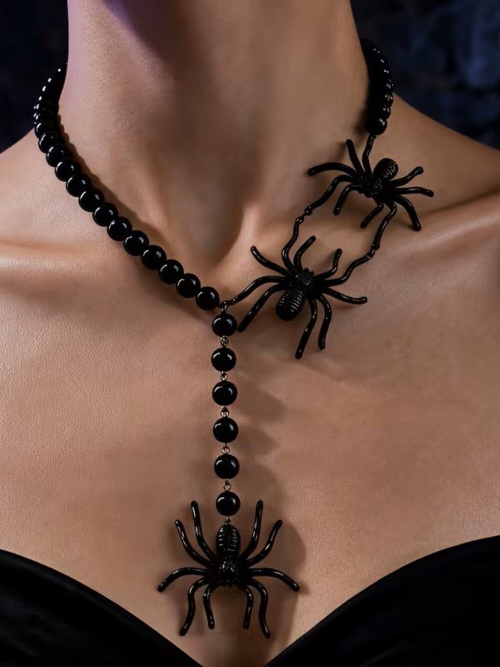 Black Beaded Chain Spider Y-Shaped Necklace, Black Matte Three-Dimensional Z6